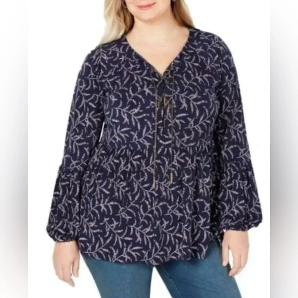 MICHAEL Michael Kors Floral Print‎ Long Sleeve Chain-Lace-Up Top Blouse Sz Large